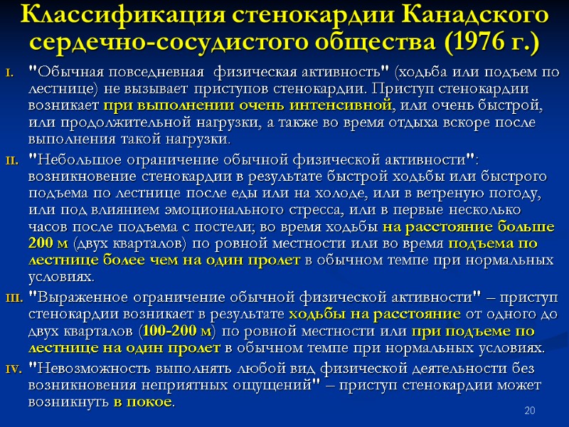 20 Классификация стенокардии Канадского сердечно-сосудистого общества (1976 г.) 